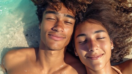 selfie portrait of an mixed heterosexual couple, laying on the sandy beach together sunbathing,