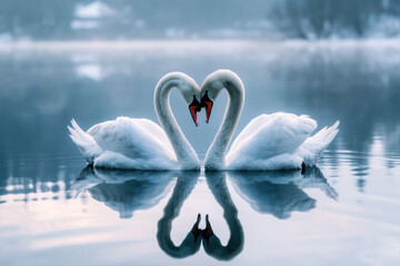 Two white swans on the lake, concept of love 