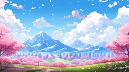 Mountains and cherry blossoms. Anime style landscape. Neural network AI generated art