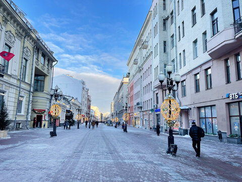 Moscow, Russia, January, 13, 2024. Historic buildings 44 and 51 on Arbat Street in Moscow on a sunny winter day