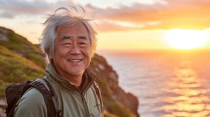 Active elderly Asian man with gray hair wearing sports wear for hiking and backpack is standing on the hill looking at the sunset over the ocean. He is happy and relaxed.