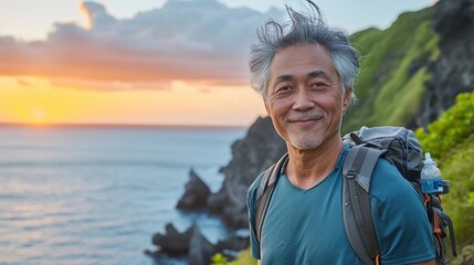 Active elderly Asian man with gray hair wearing sports wear for hiking and backpack is standing on the hill looking at the sunset over the ocean. He is happy and relaxed.