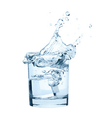 Falling Ice Cubes into the Glass of Water with splash, isolated on white background 