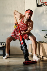 Guy in apron and headband making effort while cleaning floor of living room or bedroom with...