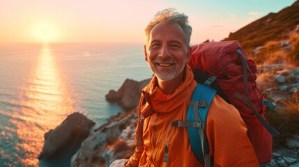 Active elderly man with gray hair wearing sports wear for hiking and backpack is standing on the hill looking at the sunset over the ocean. He is happy and relaxed.