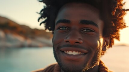 Portrait of a young smiley handsome African-American man with curly hair.