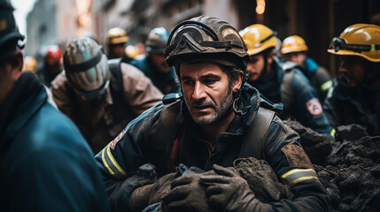 Male rescuers removing concrete rubble - obrazy, fototapety, plakaty