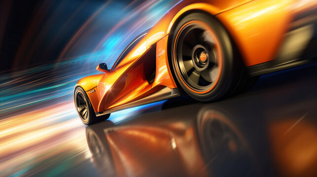 fast moving car on highway wallpaper Highway . Powerful acceleration of a supercar illustration . Closeup poster © adel