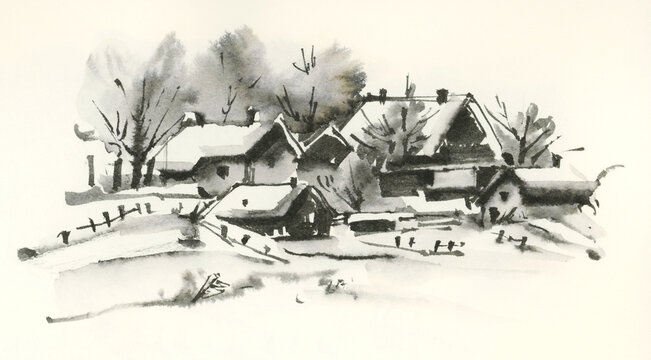  Winter landscape with a small village.