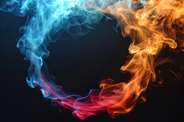 Colourful circle made of colourful smoke on a black background, copy space 