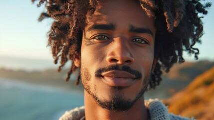Portrait of a young smiley handsome African-American man with curly hair.