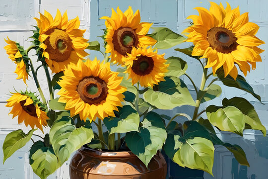The oil painting sunflowers still life brush strokes. Digital illustration created with Generative AI