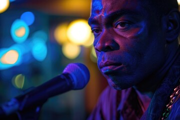 Close-up of an African American man as a soulful blues singer, with a backdrop of a dimly lit blues bar.