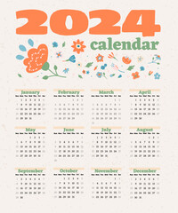 Calendar for 2024 year with cute floral background. Vector illustration