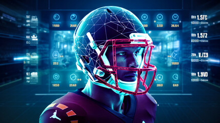 Statistics data of professional american football player in virtual studio. Postproducted generative AI illustration. - obrazy, fototapety, plakaty