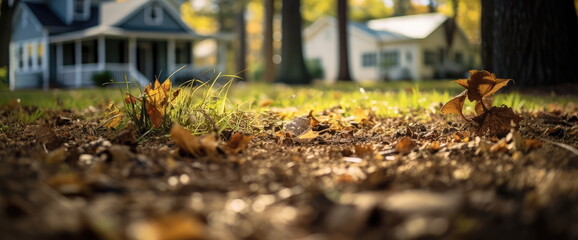 Typical suburb background. late autumn. front yard. Soft focus shallow depth of field background. - obrazy, fototapety, plakaty