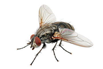 Close up of housefly Insect isolated on transparent png background, entomology collection, anatomy of insect concept. - obrazy, fototapety, plakaty