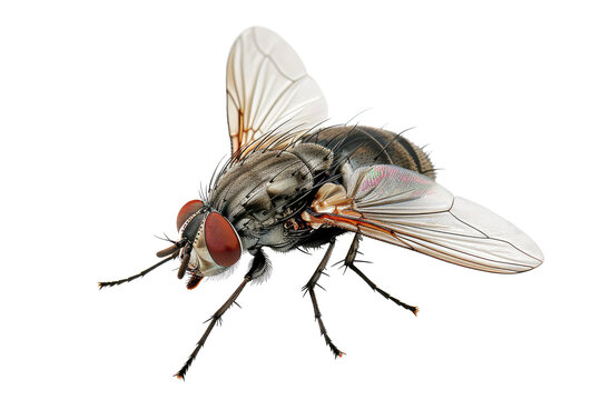 Close up of housefly Insect isolated on transparent png background, entomology collection, anatomy of insect concept.