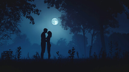 Couple Romance Night Blue light Big moon Valentines day background 