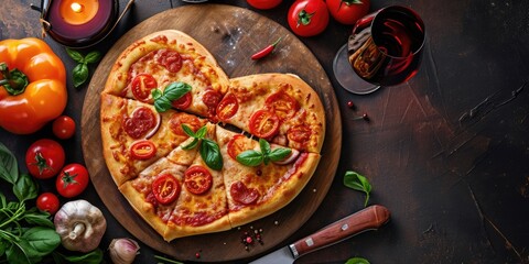 Heart shaped pizza for Valentines day on dark rustic wooden background pragma - Powered by Adobe