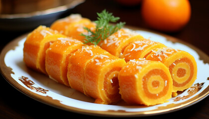 orange roll barfi or barfi sweet or mithai - obrazy, fototapety, plakaty