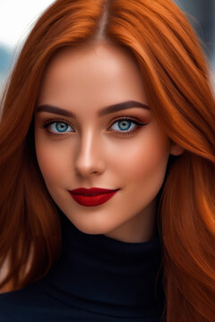The image features a close-up of a woman with red hair and blue eyes. She is wearing red lipstick and a black turtleneck. The background is blurry, with a focus on her face.