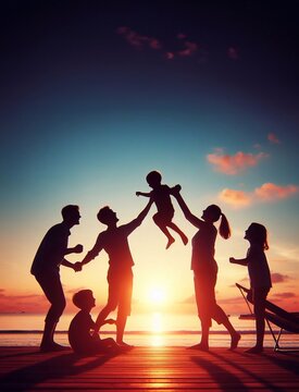 happy family leisure activities, silhouette photos, generative ai art illustration