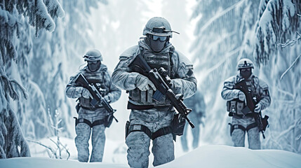 Armed unit of special forces on their winter mission walks in snowy woods.. Postproducted generative AI illustration. - obrazy, fototapety, plakaty