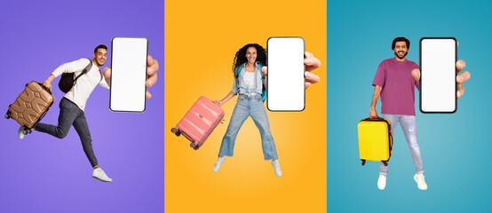 Travel Application. Happy Tourists Showing Big Blank Smartphone And Holding Suitcase