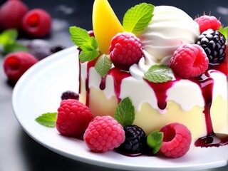 fruit ice cream dessert, with some yogurt and fruits, fruit ice cream cheese cake