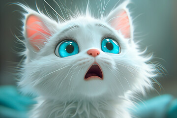 A small white kitten with big blue eyes looks surprised close-up. Emotions of wow, shock, surprise and fright. Ai generative.