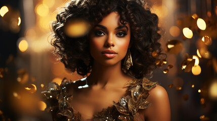 Sexy Girl in Golden Party Dress. Fashion Woman with Glamour Makeup - obrazy, fototapety, plakaty