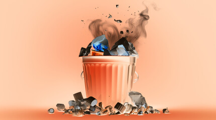 The trash can is smoking, overflowing with garbage, generative AI