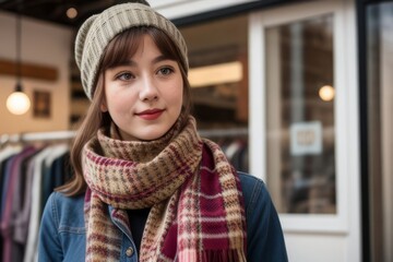 young woman at a vintage clothes shop, trying on scarves