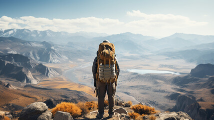Man hiking at sunset mountains with heavy backpack Travel Lifestyle wanderlust adventure concept summer vacations outdoor alone into the wild - obrazy, fototapety, plakaty