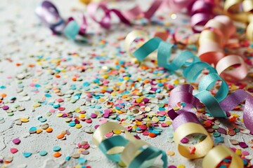 Festive Whitespace: White carnival Background with Colored Confetti and Streamers.