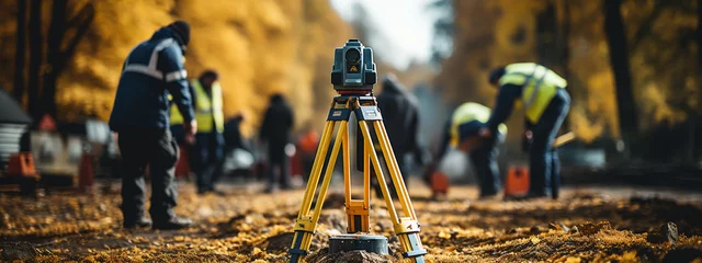 Poster survey engineer in construction site use theodolite mark a concrete pile co ordinate © alexkich