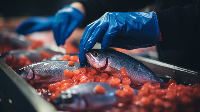 Group of seafood processing staff working with fresh sardines in plant