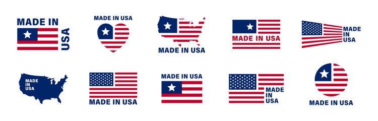 Set of made in the USA labels. Made in the usa logo. American product labels. Made in USA. Production stickers
