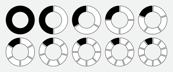 Hollow circle divided into 1-10 parts icon set in black and white color with outline. Hollow circle segment diagram in 1-10 parts graph icon pie shape section chart in black on white background.