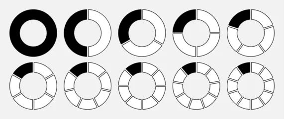 Tuinposter Hollow circle divided into 1-10 parts icon set in black and white color with outline. Hollow circle segment diagram in 1-10 parts graph icon pie shape section chart in black on white background. © Graphic Stocks