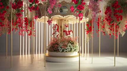 Carousel decorated with flowers, red flower decoration, dreamy place. Unique background, hanging flowers. Generative AI