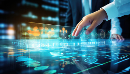 Fototapeta premium Technology of hologram, implementation for Artificial intelligence technology development of digital security. Database security protection digital based with network connection on modern interface.