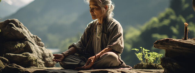 Elderly woman meditating in the summer park - obrazy, fototapety, plakaty