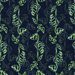 Tropical palm leaves, monstera, liana, monkey mask bright juicy green. Hand drawn watercolor botanical illustration. Seamless pattern on a dark background