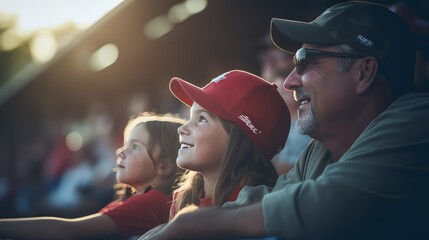 Parents and kids watching youth sports game, in the crowd at stadium cheering family playing baseball soccer field sport - obrazy, fototapety, plakaty
