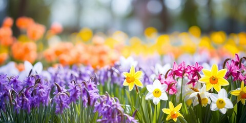 website banner showing beutiful spring flowers - generative ai