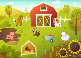 Cartoon farm landscape with cute domestic animals. Summer vector rural background with farm animals.