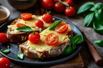 Baked sandwich with cheese and cherry tomatoes on dark bread decorated with fresh basil leaves