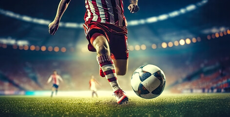 Running football player kicks the ball on stadium. Postproducted generative AI illustration. - obrazy, fototapety, plakaty